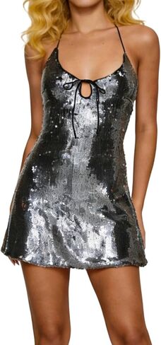 Women Sparkly Sequins Dress Halter Neck Shiny Spaghetti Strap Glitter Slip Short Dress Cocktail Night Out Dresses in Saudi Arabia