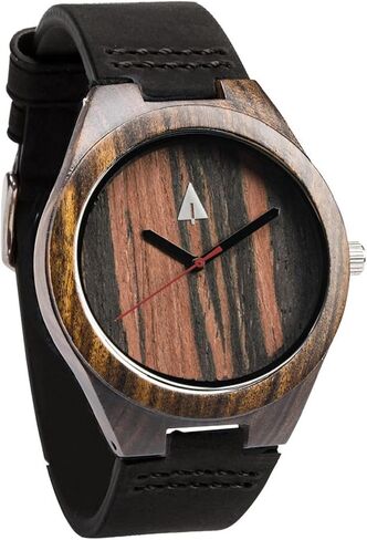 Treehut Mens Natural Black Ebony Wooden Watch with Genuine Black Leather Strap Quartz. in Saudi Arabia