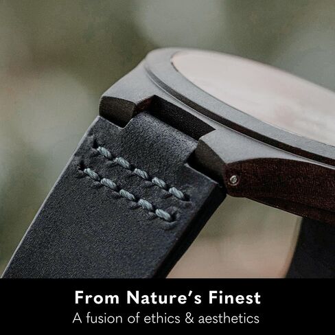 Treehut Mens Natural Black Ebony Wooden Watch with Genuine Black Leather Strap Quartz. in Saudi Arabia