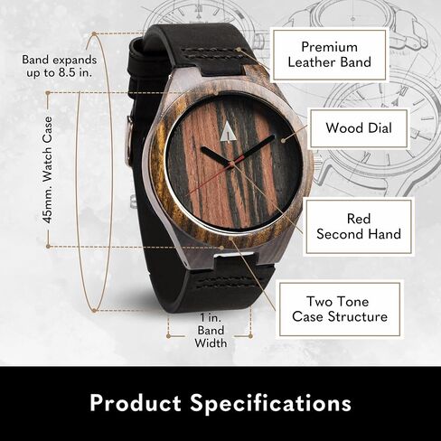 Treehut Mens Natural Black Ebony Wooden Watch with Genuine Black Leather Strap Quartz. in Saudi Arabia