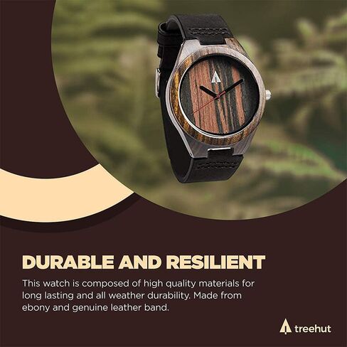 Treehut Mens Natural Black Ebony Wooden Watch with Genuine Black Leather Strap Quartz. in Saudi Arabia