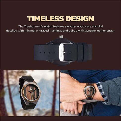 Treehut Mens Natural Black Ebony Wooden Watch with Genuine Black Leather Strap Quartz. in Saudi Arabia