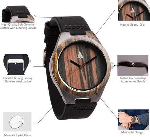 Treehut Mens Natural Black Ebony Wooden Watch with Genuine Black Leather Strap Quartz. in Saudi Arabia