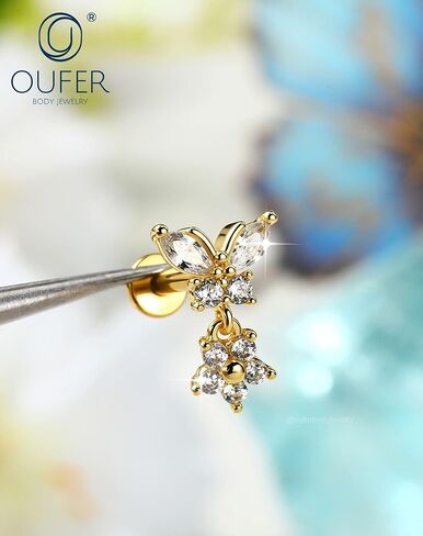 OUFER ثقب الجسم المتدلي زهرة الغضروف أقراط الأزرار 16G الجراحية الصلب استرخى اللولب ثقب المجوهرات فراشة محارة ثقب الغضروف مجوهرات 8MM الذهب اللولب القرط مسمار in Kuwait