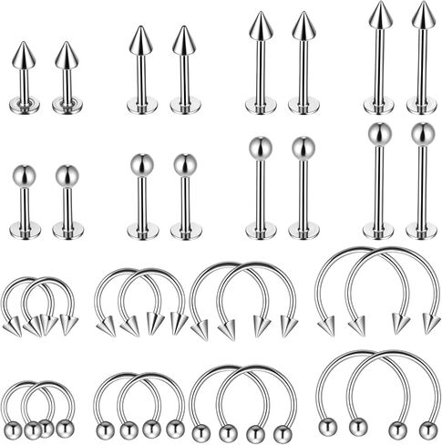 32 Pcs Horseshoe Septum Nose Lip Rings Labret Jewelry Barbell Ring Snake Bite Spike Piercing Stud Stainless Steel Vertical Helix Earring Daith Tragus Cartilage Studs for Women Men, 16G in Saudi Arabia