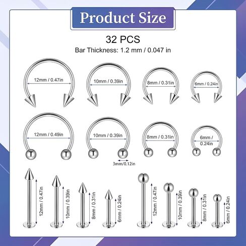 32 Pcs Horseshoe Septum Nose Lip Rings Labret Jewelry Barbell Ring Snake Bite Spike Piercing Stud Stainless Steel Vertical Helix Earring Daith Tragus Cartilage Studs for Women Men, 16G in Saudi Arabia