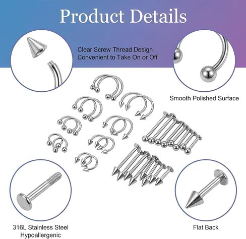 32 Pcs Horseshoe Septum Nose Lip Rings Labret Jewelry Barbell Ring Snake Bite Spike Piercing Stud Stainless Steel Vertical Helix Earring Daith Tragus Cartilage Studs for Women Men, 16G in Saudi Arabia