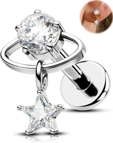 OUFER 16G Star Dangle Labret Stud زراعة الصف التيتانيوم CZ مترابطة داخليًا حلقة الشفاه المسطحة 6 مم الذهب الفضي مونرو ميدوسا الغضروف الزنمة اللولب ثقب المجوهرات للنساء in Kuwait