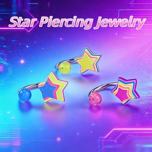 3Pcs Cute Neon Star Piercing Jewelry - Surgical Steel Captive Bead Ring for Nose Tougue Nipple Belly, Y2k Colorful Star Cartilage Earring & Labret Stud Set for Helix Conch Monroe Piercings in Saudi Arabia