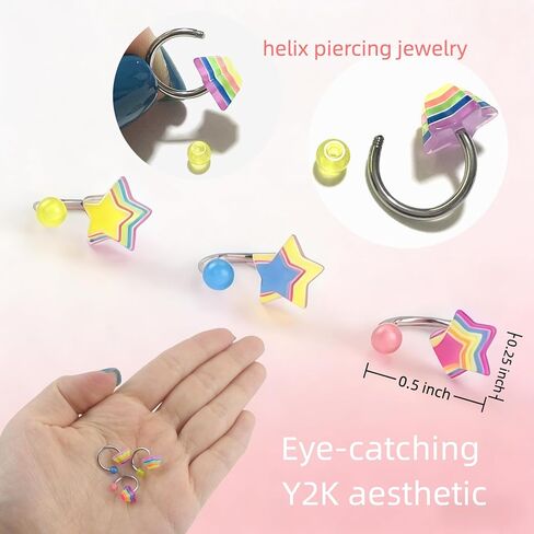 3Pcs Cute Neon Star Piercing Jewelry - Surgical Steel Captive Bead Ring for Nose Tougue Nipple Belly, Y2k Colorful Star Cartilage Earring & Labret Stud Set for Helix Conch Monroe Piercings in Saudi Arabia