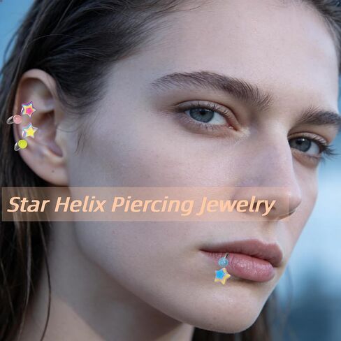 3Pcs Cute Neon Star Piercing Jewelry - Surgical Steel Captive Bead Ring for Nose Tougue Nipple Belly, Y2k Colorful Star Cartilage Earring & Labret Stud Set for Helix Conch Monroe Piercings in Saudi Arabia