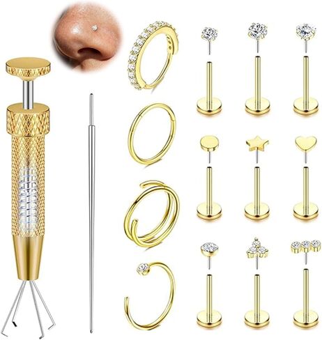20G Nose Rings Hoops And Studs For Women Men, 15PCS Hypoallergenic Stainless Steel Nose Hoops 14K Gold Plated Nose Rings, Push in Threadless Flat Back Earrings, CZ Helix Tragus Lip Cartilage Nostril Piercing Jewelry With Piercing Ball Grabber Tool in Kuwait