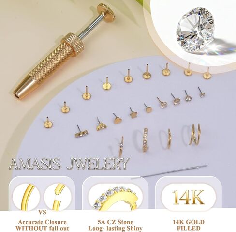 20G Nose Rings Hoops And Studs For Women Men, 15PCS Hypoallergenic Stainless Steel Nose Hoops 14K Gold Plated Nose Rings, Push in Threadless Flat Back Earrings, CZ Helix Tragus Lip Cartilage Nostril Piercing Jewelry With Piercing Ball Grabber Tool in Kuwait