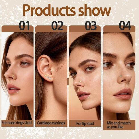 20G Nose Rings Hoops And Studs For Women Men, 15PCS Hypoallergenic Stainless Steel Nose Hoops 14K Gold Plated Nose Rings, Push in Threadless Flat Back Earrings, CZ Helix Tragus Lip Cartilage Nostril Piercing Jewelry With Piercing Ball Grabber Tool in Kuwait