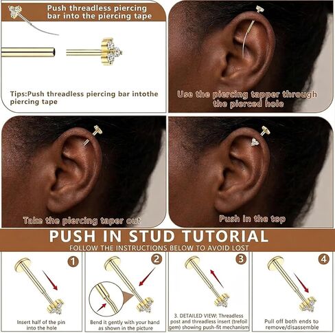 20G Nose Rings Hoops And Studs For Women Men, 15PCS Hypoallergenic Stainless Steel Nose Hoops 14K Gold Plated Nose Rings, Push in Threadless Flat Back Earrings, CZ Helix Tragus Lip Cartilage Nostril Piercing Jewelry With Piercing Ball Grabber Tool in Kuwait