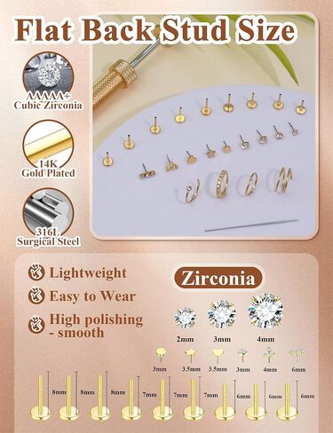 20G Nose Rings Hoops And Studs For Women Men, 15PCS Hypoallergenic Stainless Steel Nose Hoops 14K Gold Plated Nose Rings, Push in Threadless Flat Back Earrings, CZ Helix Tragus Lip Cartilage Nostril Piercing Jewelry With Piercing Ball Grabber Tool in Kuwait