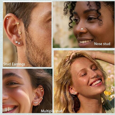 20G Nose Rings Hoops And Studs For Women Men, 15PCS Hypoallergenic Stainless Steel Nose Hoops 14K Gold Plated Nose Rings, Push in Threadless Flat Back Earrings, CZ Helix Tragus Lip Cartilage Nostril Piercing Jewelry With Piercing Ball Grabber Tool in Kuwait