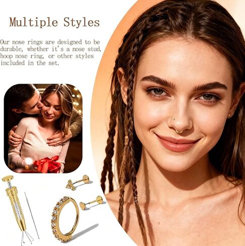 20G Nose Rings Hoops And Studs For Women Men, 15PCS Hypoallergenic Stainless Steel Nose Hoops 14K Gold Plated Nose Rings, Push in Threadless Flat Back Earrings, CZ Helix Tragus Lip Cartilage Nostril Piercing Jewelry With Piercing Ball Grabber Tool in Kuwait