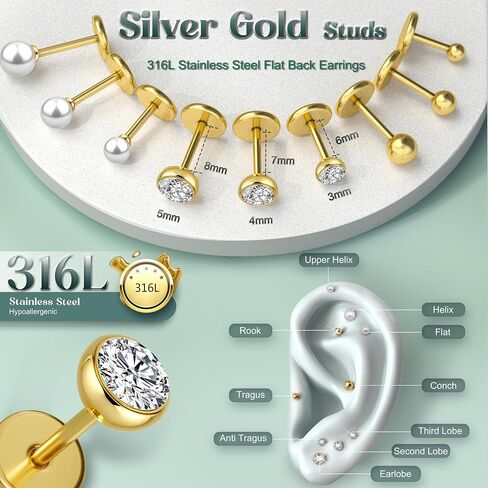 Flat Back Earrings Stud : 14K Gold Filled Titanium Surgical Steel Earrings Hypoallergenic Piercing Taper Ball Grabber Tool for Changing Jewelry in Kuwait