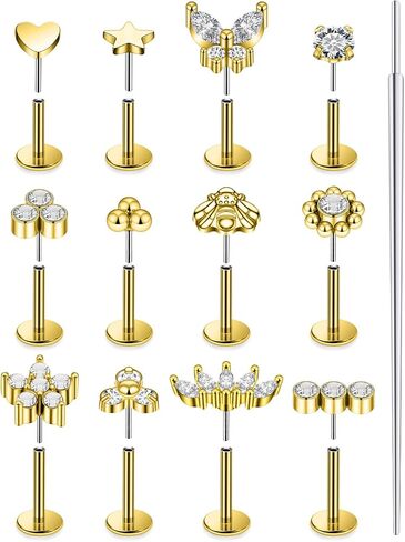 14K Gold Filled 20G 18G 16G Threadless Flat Back Earrings Studs Surgical Stainless Steel Clear CZ Push In Nose Rings Studs Tragus Helix Conch Cartilage Earrings Piercing Jewelry For Women Men in Kuwait