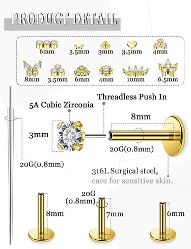 14K Gold Filled 20G 18G 16G Threadless Flat Back Earrings Studs Surgical Stainless Steel Clear CZ Push In Nose Rings Studs Tragus Helix Conch Cartilage Earrings Piercing Jewelry For Women Men in Kuwait