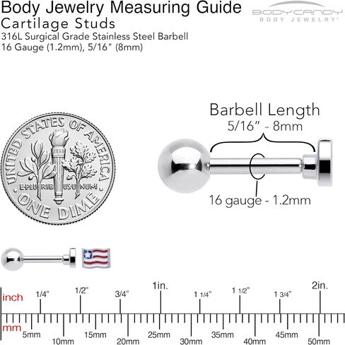 Body Candy Cartilage Earring 16G Womens 316L Steel Flag Mens Straight Barbell Helix Stud 1/4" in Kuwait