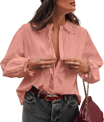 Astylish Women Spring Summer Tops Ruffle Collar Button Down Shirts Long Sleeve Pleated Business Casual Blouses in Kuwait