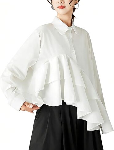 ellazhu Women's Oversized Asymmetrical Ruffle Shirt Lapel Collar Long Sleeve Loose Fit Black Blouse Casual GZ801 A in Kuwait