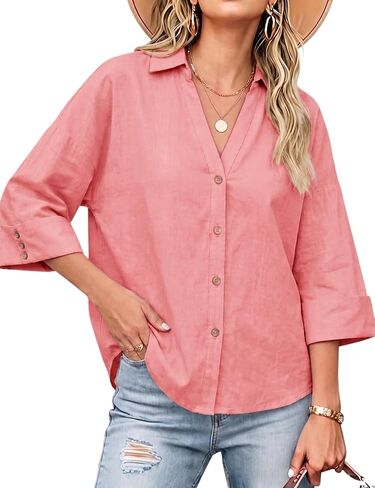 Watashi Women Oversized Button Down Shirt 3/4 Sleeve Summer Blouse in Saudi Arabia