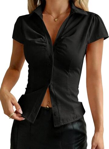 ABINGOO Women Short Sleeve Button Down Shirts Fitted Y2K Lapel Collared Tie Back Blouses Going Out Crop Tops in Saudi Arabia