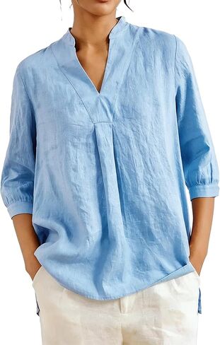 Women's 100% Linen Split Neck Blouse - 3/4 Puff Sleeve Loose Fit Summer Linen Top in Kuwait