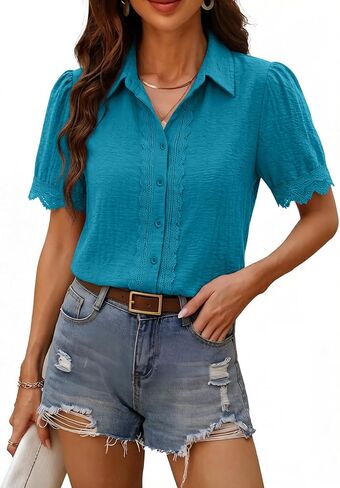 siliteelon Womens Summer Button Down Lace Blouses Lapel Trim Dress Casual Shirts 2026 Fashion Business Short Sleeve Tops in Kuwait