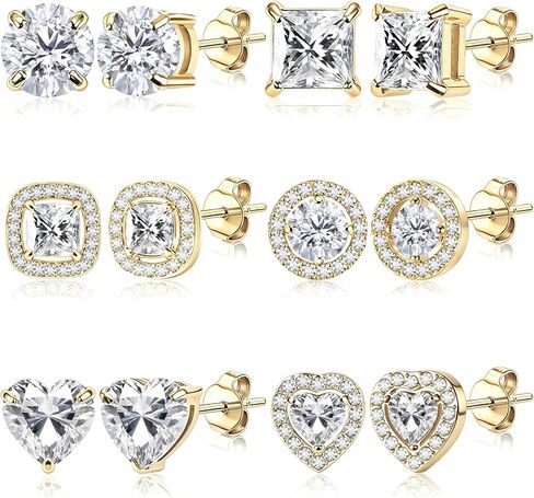 ONESING 6 أزواج أقراط للنساء 14K الذهب / الفضة مطلي هيبوالرجينيك مكعب زركونيا أقراط الأزرار Stianless جولة مربع القلب تشيكوسلوفاكيا أقراط مجموعة للنساء الرجال in Kuwait