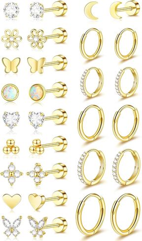 15 Pairs Hypoallergenic Flat Back Cartilage Earrings for Women, Stainless Steel Tragus Helix Piercing Jewelry, Gold Plated Screw Back Stacks in Kuwait
