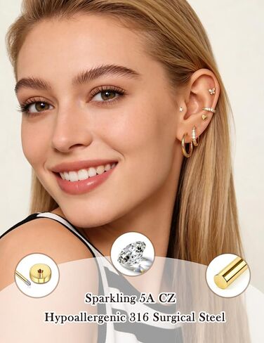 15 Pairs Hypoallergenic Flat Back Cartilage Earrings for Women, Stainless Steel Tragus Helix Piercing Jewelry, Gold Plated Screw Back Stacks in Kuwait