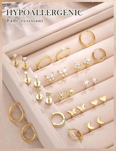 15 Pairs Hypoallergenic Flat Back Cartilage Earrings for Women, Stainless Steel Tragus Helix Piercing Jewelry, Gold Plated Screw Back Stacks in Kuwait