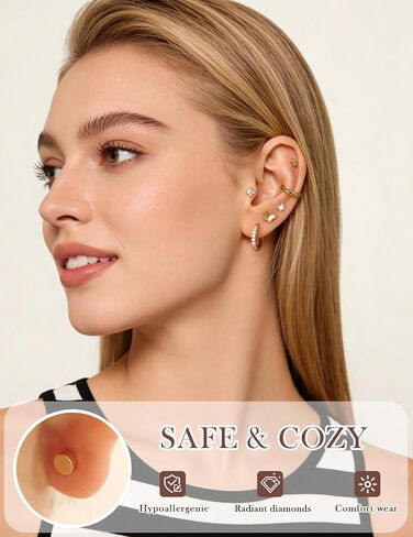 15 Pairs Hypoallergenic Flat Back Cartilage Earrings for Women, Stainless Steel Tragus Helix Piercing Jewelry, Gold Plated Screw Back Stacks in Kuwait