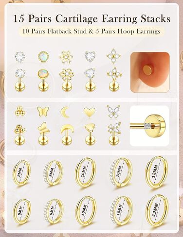 15 Pairs Hypoallergenic Flat Back Cartilage Earrings for Women, Stainless Steel Tragus Helix Piercing Jewelry, Gold Plated Screw Back Stacks in Saudi Arabia