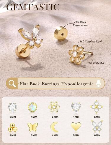 15 Pairs Hypoallergenic Flat Back Cartilage Earrings for Women, Stainless Steel Tragus Helix Piercing Jewelry, Gold Plated Screw Back Stacks in Saudi Arabia
