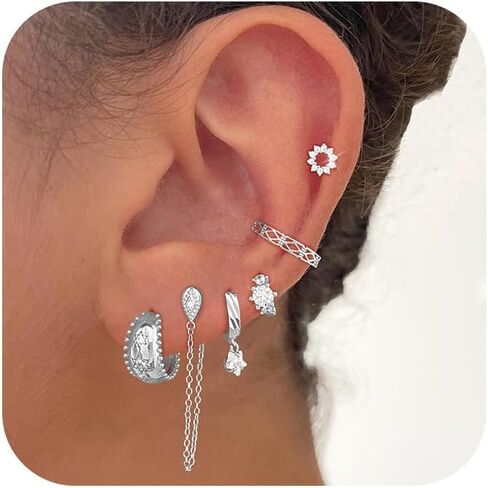 Classic 14K Gold Plated Cubic Zirconia Stars Drop Dangle Earrings Sets for Women Gold Silver Zircon Flowers Stud Earrings for Women Dainty Lightweight Multiple Piercing Flat Back Stud Earrings Set for Sensitive Ears Nickel Free Gold Earrings Set for Women in Saudi Arabia