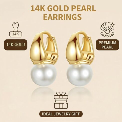 14K Gold Pearl Earrings for Women, Elegant Pearl Jewelry, Premium Gold Earrings for Gifts in Saudi Arabia