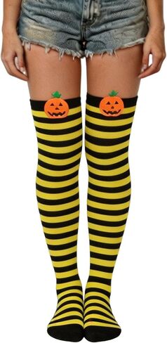 Utaly Halloween جوارب الفخذ العليا للنساء والفتيات مخططة على شكل يقطين فوق الركبة، جوارب كوسبلاي، الحفلات، إكسسوار أزياء in Saudi Arabia