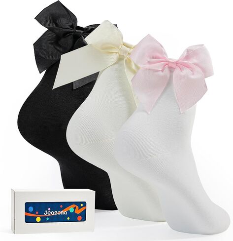 Jeasona 3 Pairs Bow Socks for Women, Cotton Ruffle Ankle Socks with Ribbons, Cute Frilly Bows Crew Socks for Mary Janes and Sneakers, White Black Pink Cute Clothing for Teens girls in Saudi Arabia