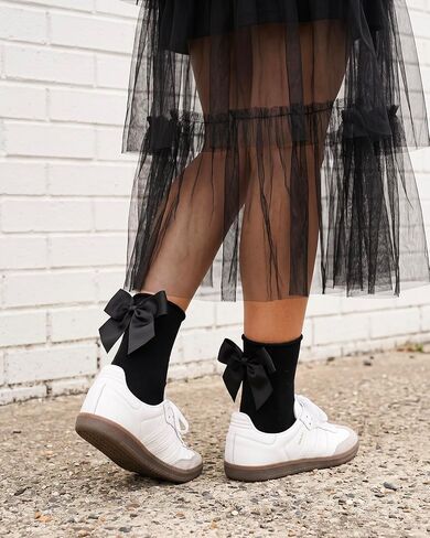 Jeasona 3 Pairs Bow Socks for Women, Cotton Ruffle Ankle Socks with Ribbons, Cute Frilly Bows Crew Socks for Mary Janes and Sneakers, White Black Pink Cute Clothing for Teens girls in Saudi Arabia