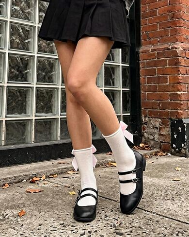 Jeasona 3 Pairs Bow Socks for Women, Cotton Ruffle Ankle Socks with Ribbons, Cute Frilly Bows Crew Socks for Mary Janes and Sneakers, White Black Pink Cute Clothing for Teens girls in Saudi Arabia