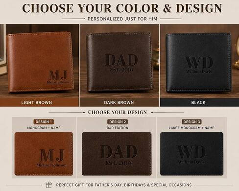 Custom Leather Wallet for Men, Personalized Engraved Wallet with Name and Inside Message, Monogram Bifold Wallet, Gift for Dad Husband Boyfriend in Kuwait