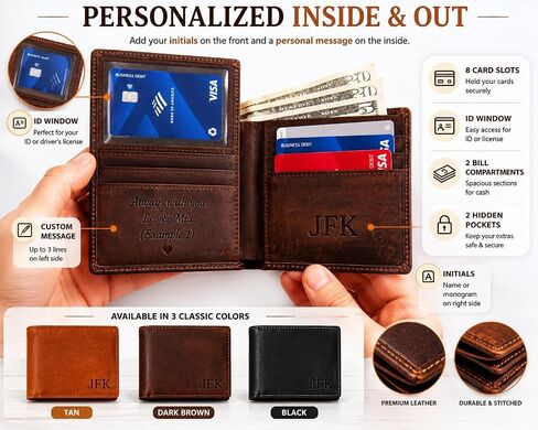 Custom Leather Wallet for Men, Personalized Engraved Wallet with Name and Inside Message, Monogram Bifold Wallet, Gift for Dad Husband Boyfriend in Kuwait