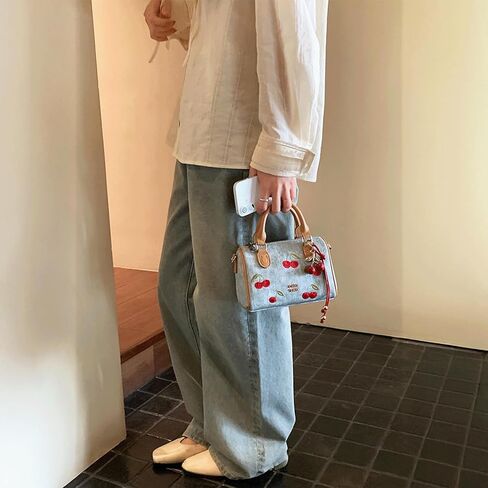 Cherry Purse with Charm Embroidered Denim Barrel Bag Cute Fruit Boston Satchel Crossbody Shoulder Handbag in Kuwait