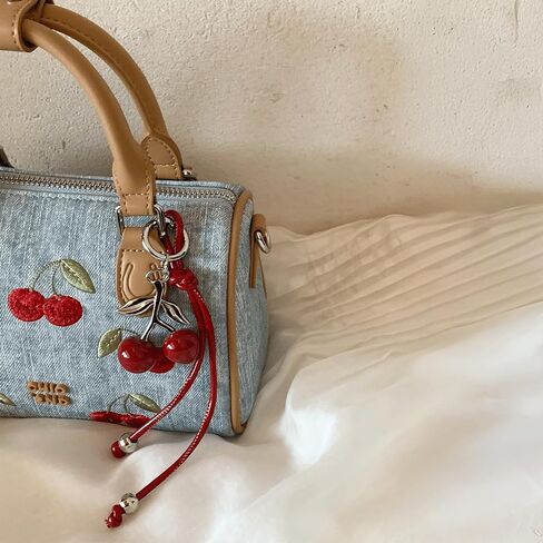 Cherry Purse with Charm Embroidered Denim Barrel Bag Cute Fruit Boston Satchel Crossbody Shoulder Handbag in Kuwait