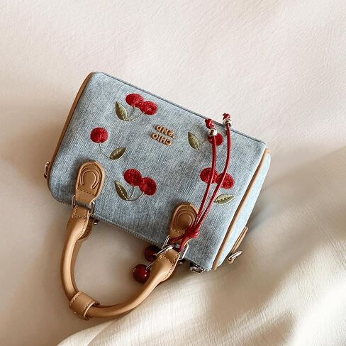 Cherry Purse with Charm Embroidered Denim Barrel Bag Cute Fruit Boston Satchel Crossbody Shoulder Handbag in Kuwait